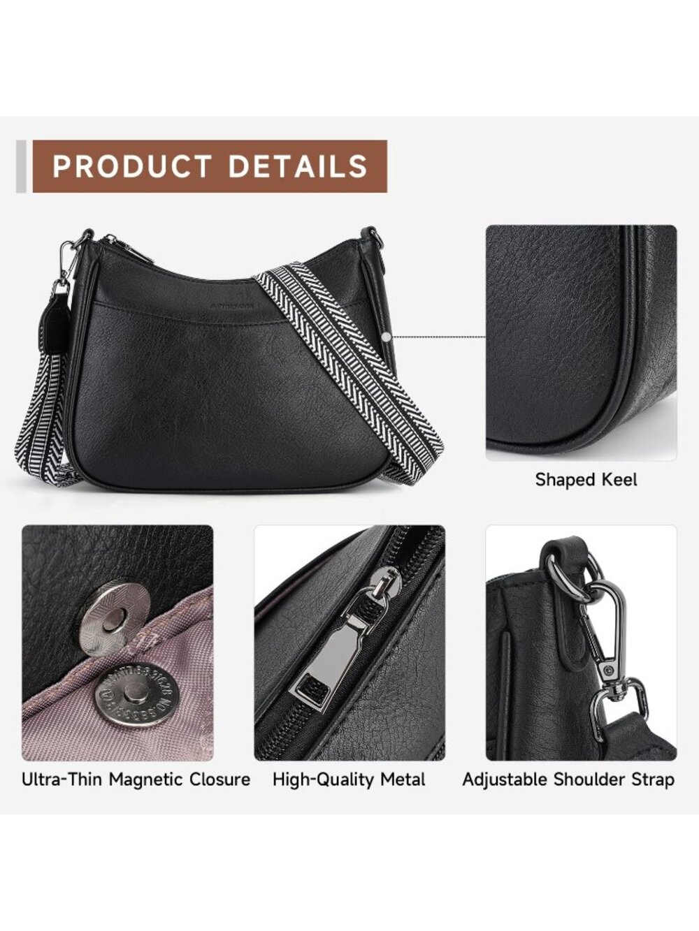 👜Women's Black Leather Crossbody Purse Shoulder Bag Wide Strap Travel - Picture 5 of 6